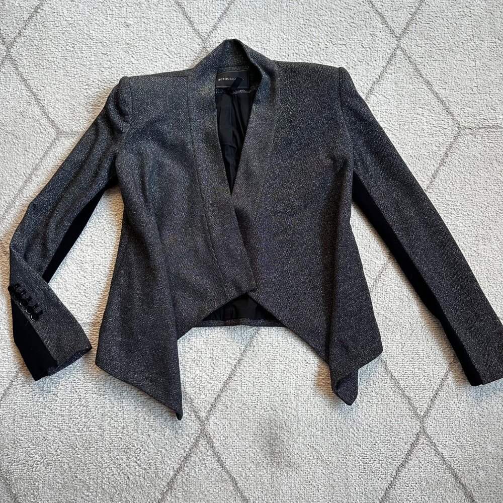 BCBGMaxAzria Black/Silver Metallic Sparkle Shimmer Drape Front Blazer XXS